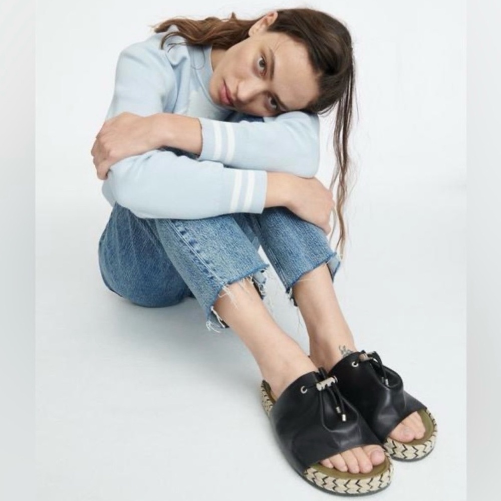 Rag & Bone Eva Espadrille Black Leather Slides Sandals 35 Tassel 5.5 Lamb Soft‎